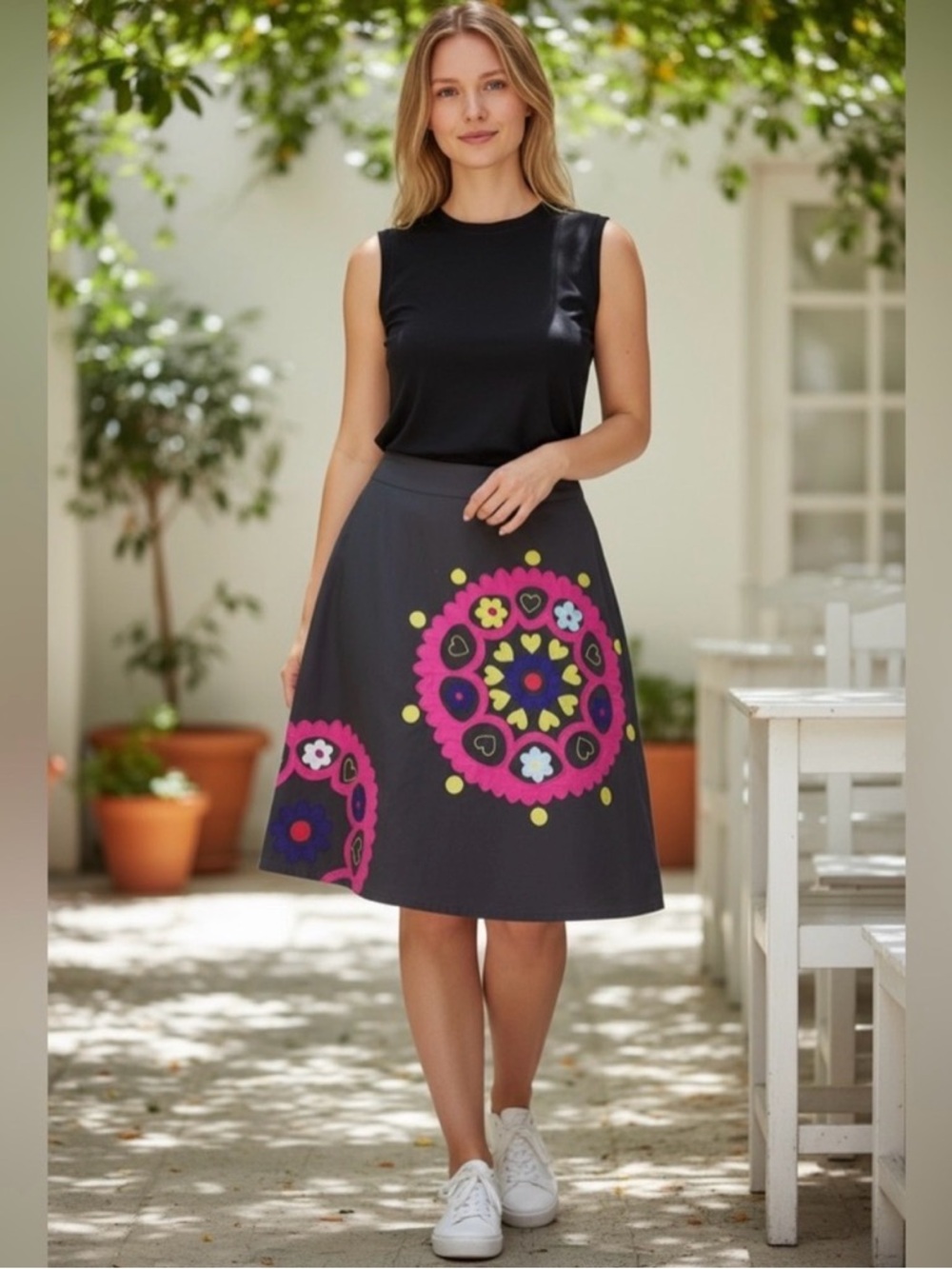 Boden Dark Charcoal A-Line Skirt with Pink and Yellow Medallion Appliqué